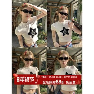 HuoHuo 美式腔调 星星刺绣修身正肩短袖T恤女夏季甜辣休闲短上衣