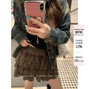 HuoHuo 韩系辣妹2026春夏短半裙女荷叶边豹纹A字蛋糕裙 豹走甜心