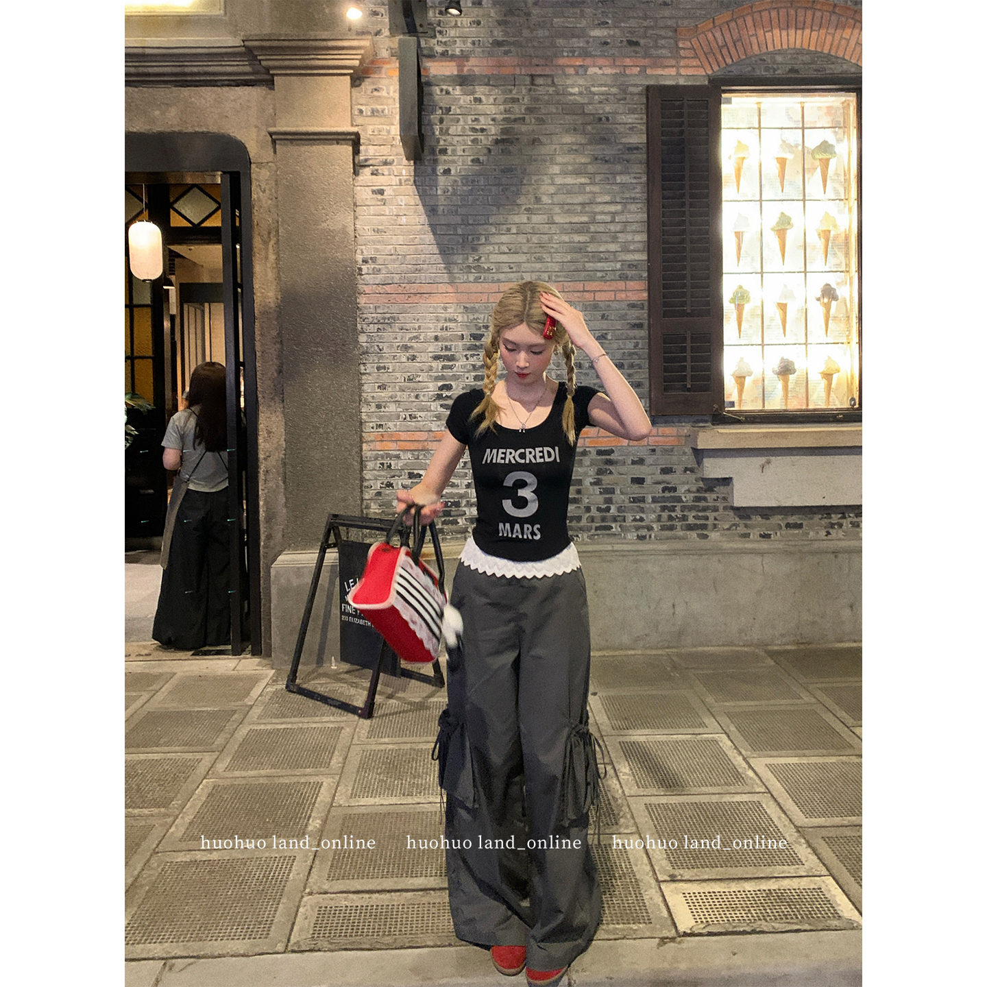 HuoHuo 酷飒街头 美式休闲风抽绳工装裤女夏季宽松百搭拖地阔腿裤