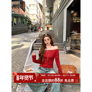 HuoHuo 香肩猎人 2026春夏新款女爱心波点真两件背心一字肩T恤