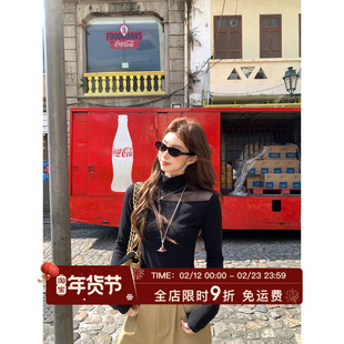 HuoHuo 云感呼吸衫 2026春季新款上衣女拼接薄纱显瘦半高领打底衫