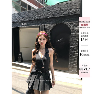 HuoHuo 百褶优等生 法式学院风经典衬衫领系扣黑色条纹百褶连衣裙