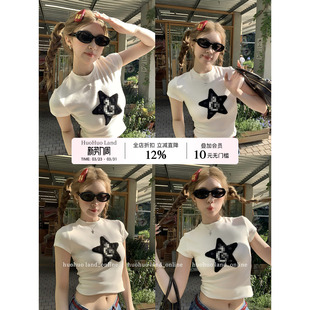 星星刺绣正肩短袖 HuoHuo 2026春夏新款 腔调 T恤女甜辣短上衣 美式