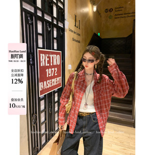莓果girl 新款 宽松休闲长袖 女春季 2026街头风衬衣 格纹衬衫 HuoHuo
