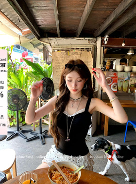 HuoHuo 撩人风向标 韩女si服2026春夏新款上衣女褶皱撞色拼接吊带
