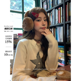 HuoHuo 星辰勋章 软糯舒适2026春夏新款女宽松竖条纹五角星毛衣