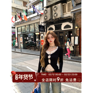 HuoHuo 蕾丝天菜 浪漫点睛2026春夏新款女撞色上衣假两件蕾丝T恤