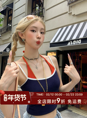 HuoHuo 鬼马少女 假两件辣妹挂脖吊带背心女夏季短款纯欲修身上衣
