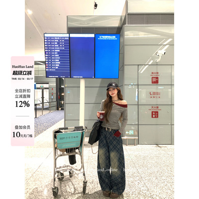 HuoHuo 街头菱格 复古设计感2026春夏新款女中高腰菱格弯刀牛仔裤