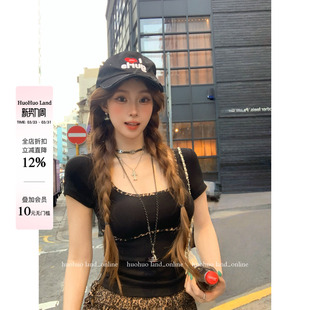 上衣女美式 2026春夏新款 辣妹U领豹纹拼接T恤 加州小野豹 HuoHuo