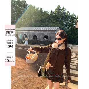 焦糖深巧 新款 美式 毛领外套女秋冬季 2025收腰上衣 针织袖 HuoHuo