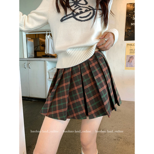 新款 HuoHuo 纹半身裙女秋冬季 甜系学院风格 2025百褶裙 微醺格纹裙