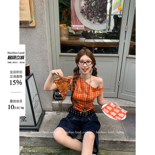 HuoHuo 甜橘画报 活力四射2026夏季新款女斜肩抽褶设计感格纹衬衫
