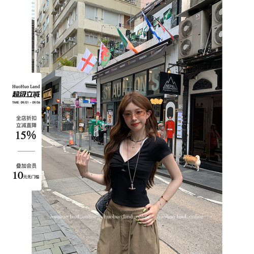 HuoHuo 扭结韵律 纯欲少女2026夏季新款上衣女扭结蕾丝设计感T恤