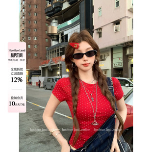 上衣女红色波点圆领T恤 点亮心情2026春夏新款 HuoHuo 樱桃果汁