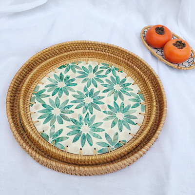 藤编北欧创意装饰摆件圆形收纳托盘彩贝壳果盘ins摆盘收纳篮置物