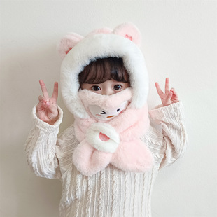 冬季儿童一体帽子男女童户外防风保暖围巾毛绒套头宝宝帽子带口罩