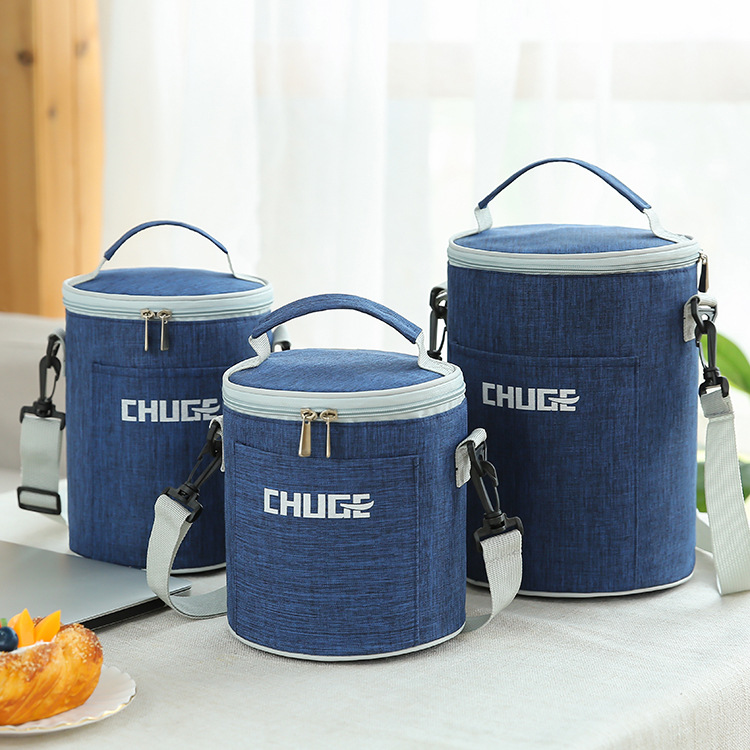 新款圆形保温饭盒袋保温袋铝箔手提便当包上班带饭保温包肩带包包