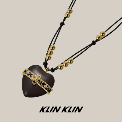 KLINKLIN爱心黑檀木十字花游牧长款项链女皮绳毛衣链配衣服中古风