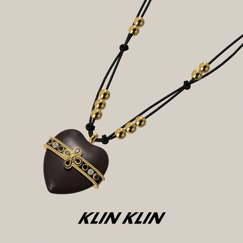 KLINKLIN爱心黑檀木十字花游牧长款项链女皮绳毛衣链配衣服中古风