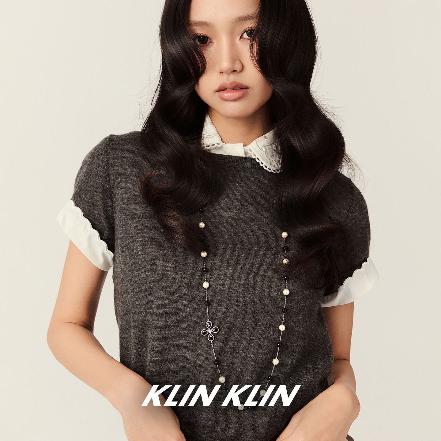 【蜜蜂欢乐社】KLINKLIN满天星珍珠黑玛瑙十字架黑色长款项链女