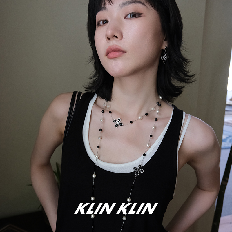 KLINKLIN满天星珍珠黑玛瑙十字架长款项链女锁骨链双层叠戴黑色