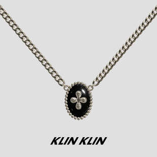 KLINKLIN复古纽扣吊坠十字架项链女锁骨链小众高级设计感黑色原创