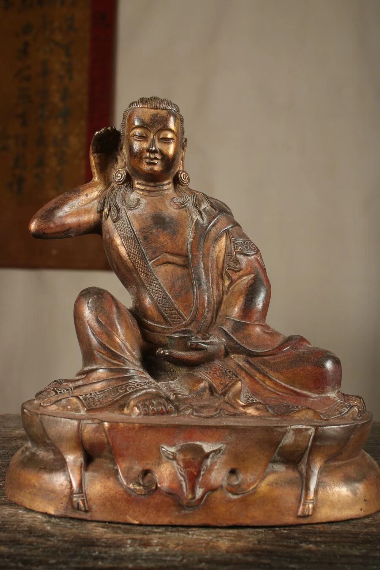 藏传鎏金米拉日巴摆件噶举派祖师马尔巴冈波巴白教米拉日巴尊者