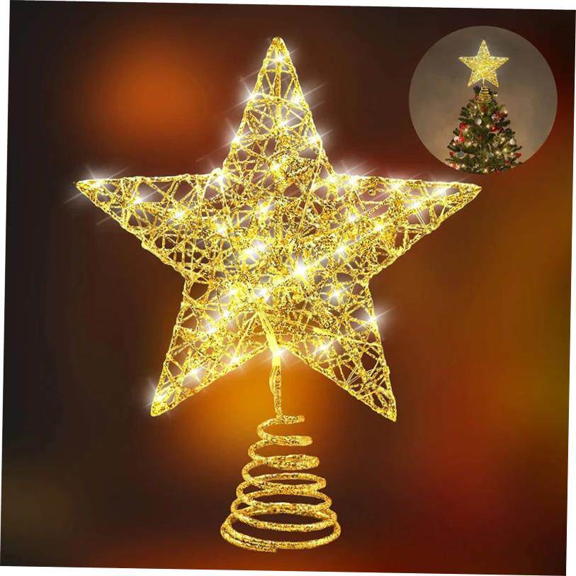 Iron Glitter Powder Christmas Tree Topper Star with LED Copp