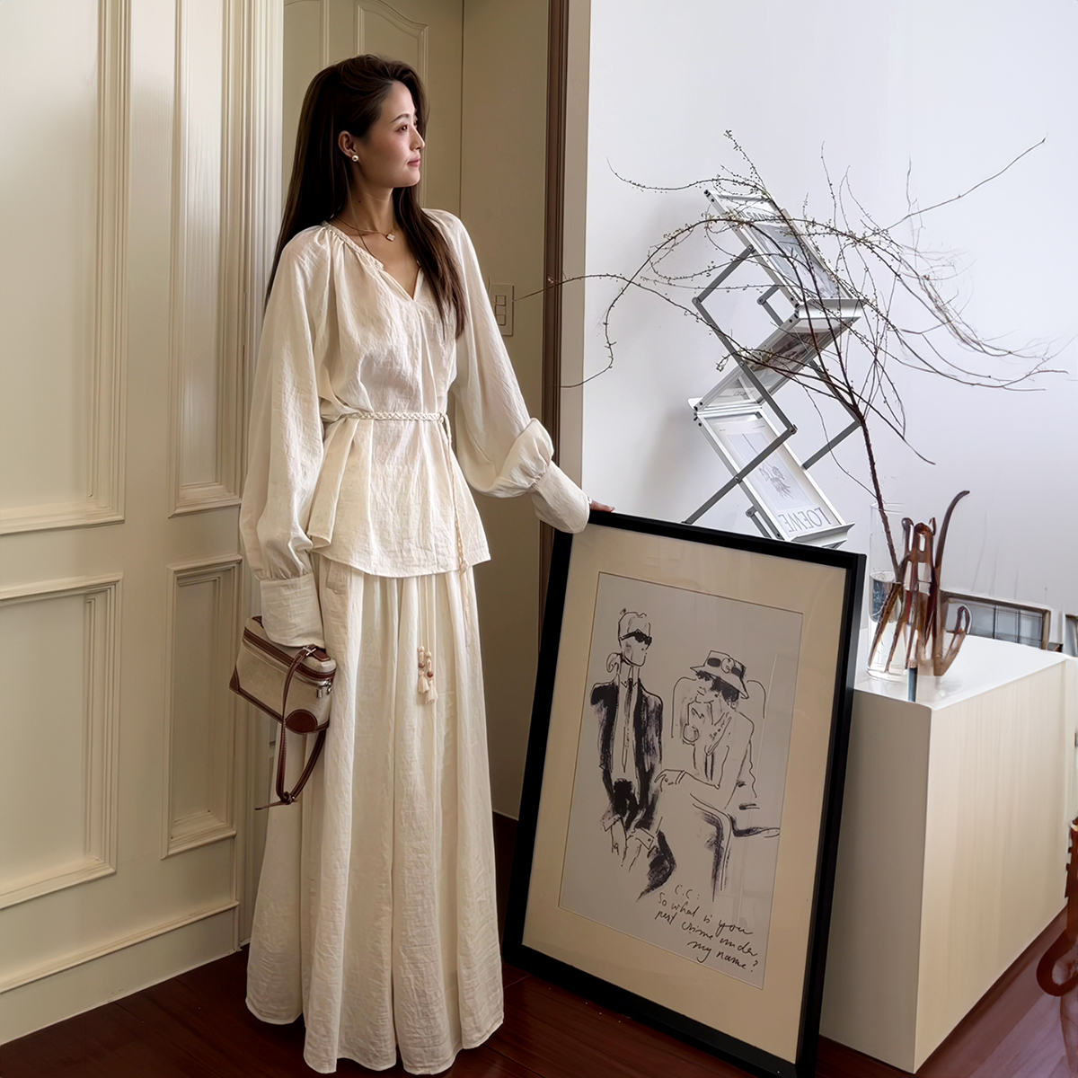 禅意风宽松带腰带长袖衬