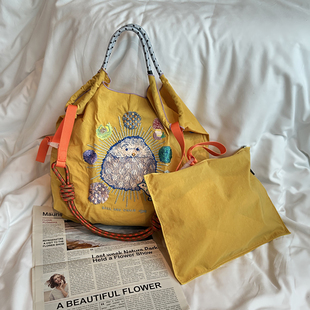 日系ballchain刺绣环保袋购物袋含内胆肩带单肩斜挎尼龙包大学生