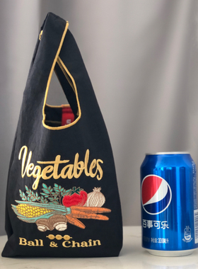 ballchain mini刺绣购物袋黑色蔬菜尼龙环保袋手拎包手提袋尼龙包