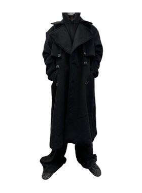 POPPROJECT羊毛廓形重磅翻领垫肩后开叉宽松长款毛呢加厚外套大衣