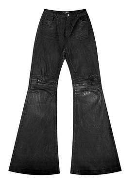 POPPROJECT手工刷蜡黑胶涂层弹力微喇叭牛仔裤拖地蜡裤bootcut