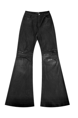 POPPROJECT手工刷蜡黑胶涂层弹力微喇叭牛仔裤拖地蜡裤bootcut
