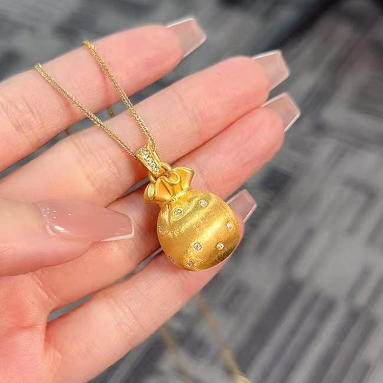 古法金包银项链女拉丝胖福镶钻吊坠小福袋钱袋子情人节礼物送女友