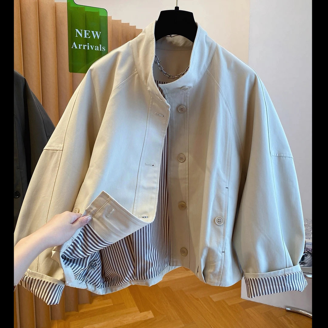 欧货立领夹克外套女2026春装新款宽松休闲内里条纹短款风衣上衣