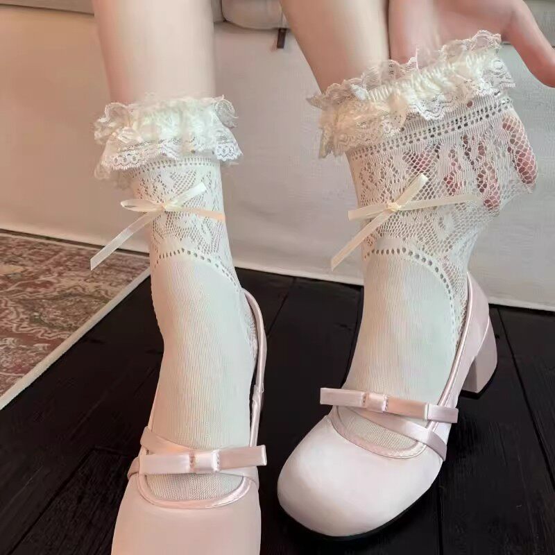 蕾丝花边袜子女款纯棉夏季薄款中筒袜甜美蝴蝶结白色芭蕾风堆堆袜