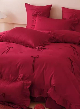 日本GP双喜刺绣贡缎长绒棉结婚四件套全棉丝绒红色婚庆被套床用品