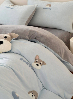 日本GP冬季卡通儿童加厚牛奶绒四件套小狗毛巾绣保暖1.2m床上用品