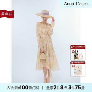 ANNA 收腰圓領(lǐng)碎花中長(zhǎng)連衣裙女夏小個(gè)子 安娜凱瑟莉新款 CASELLI