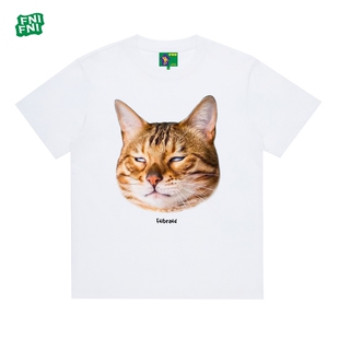 被迫上班 24新款 猫 t恤复古短袖 白墨 男女同款 FNI大赖重磅纯棉