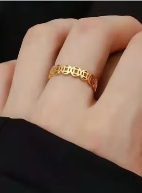 如是惠选招财铜钱戒指男女2025新款18K钛金色钱多多镂空钱币指a79