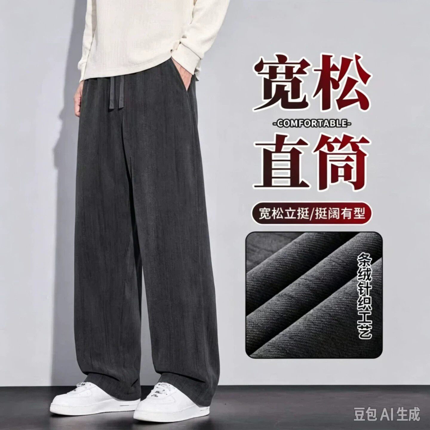 芙霖男士休闲裤专柜正品2026新款竹节纹针织男裤宽松显瘦直筒裤a9