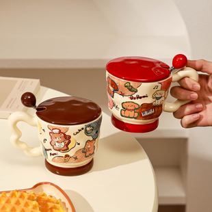 鹿谷川创意釉下彩陶瓷杯子情侣喝水杯下午茶带盖勺的咖啡杯马克杯
