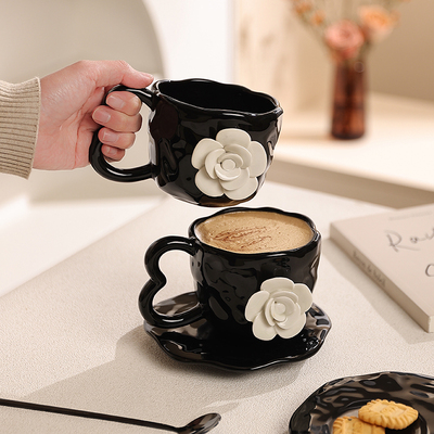咖啡杯碟套装法式手捏浮雕水杯山茶花牛奶杯陶瓷杯子微波炉可加热