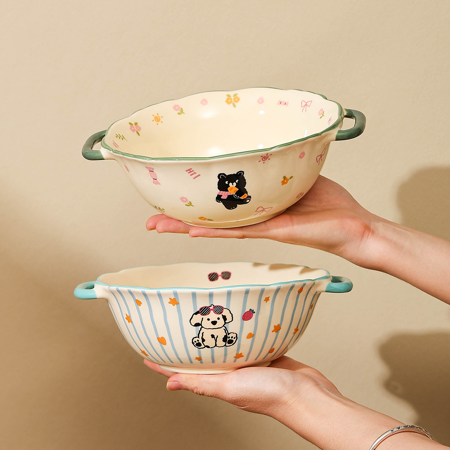 鹿谷川漂亮陶瓷水果沙拉碗一人食釉下彩汤面碗卡通大号双耳碗烤碗,餐饮具,碗,淘宝优惠券,粉丝福利购,淘宝优惠卷