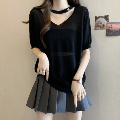 黑色冰丝针织短袖t恤女夏大码