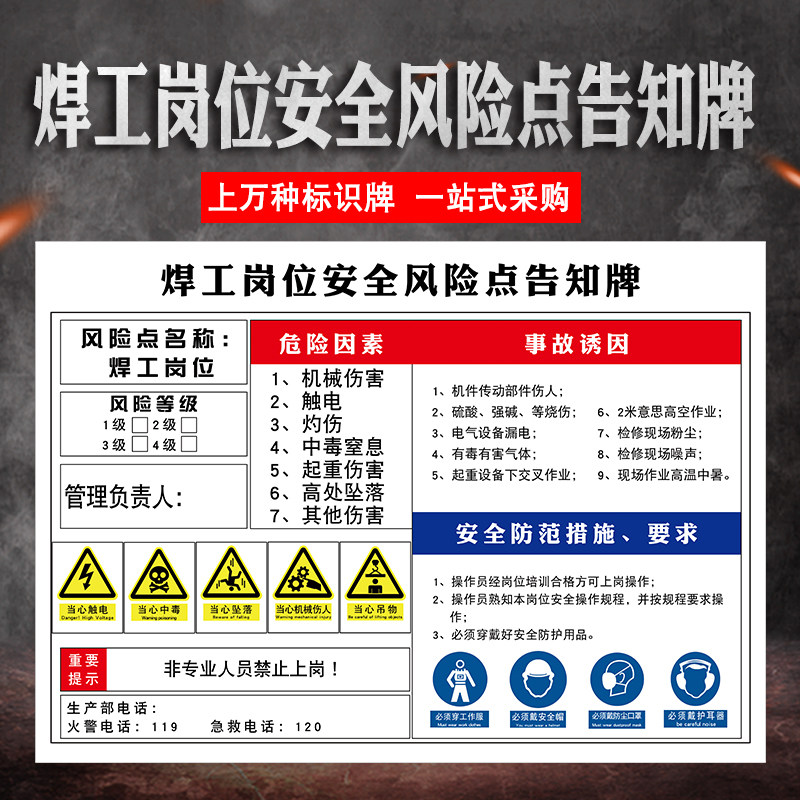 焊工岗位安全风险点告知牌 当心触电危险 警示牌职业危害告知卡牌