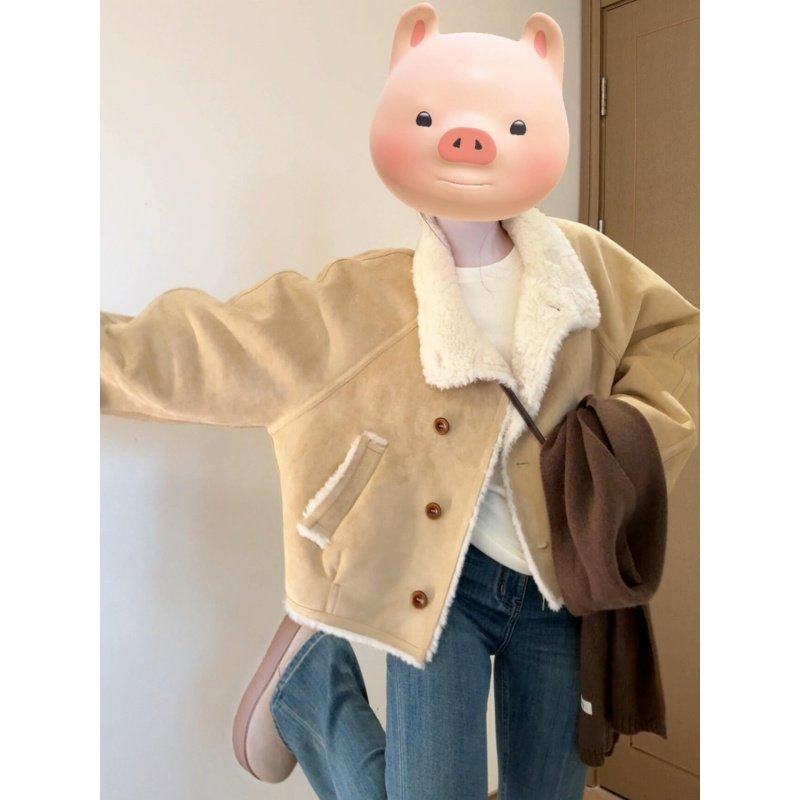 皮毛一体仿羊羔毛绒短外套女秋冬季2025新款巨好看的初冬加绒夹克,女装/女士精品,短外套,淘宝优惠券,粉丝福利购,淘宝优惠卷